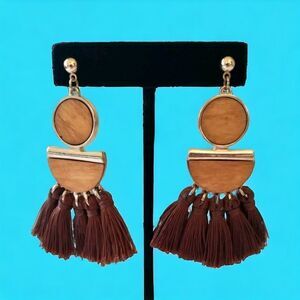 Fringe Tassel Earrings Earth Tones Neutrals Wood Gold Tone Boho Tribal Ethnic.‎